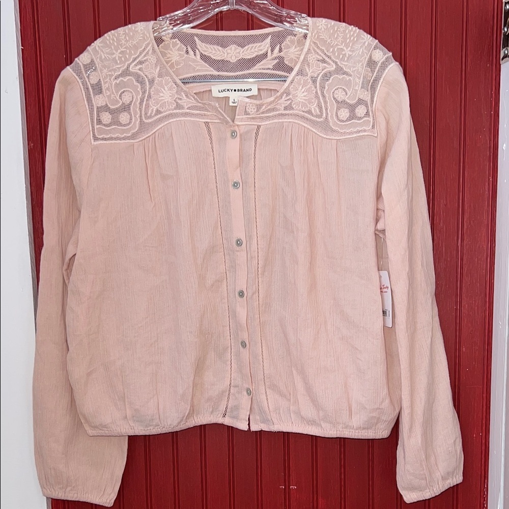 Lucky Brand Long Sleeve Pintuck Bubble Top Blouse Pink Lace L - Picture 4 of 10